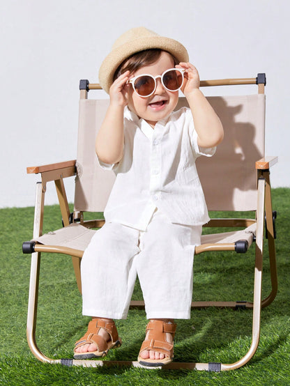 Baby Boy/Girl 2Pcs White Summer Casual Vacation Set,Loose Stand Collar Plain Short Sleeve Shirt & Pants Outfit,Suitable For Spring,Autumn Outings