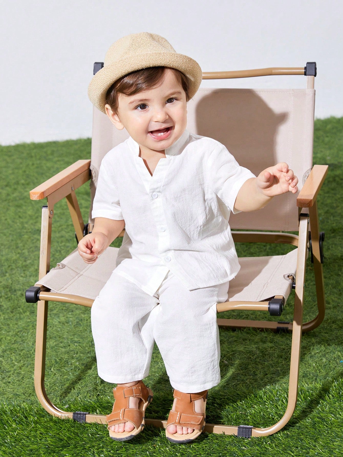 Baby Boy/Girl 2Pcs White Summer Casual Vacation Set,Loose Stand Collar Plain Short Sleeve Shirt & Pants Outfit,Suitable For Spring,Autumn Outings