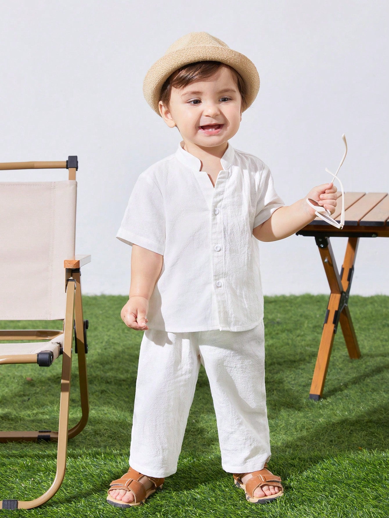 Baby Boy/Girl 2Pcs White Summer Casual Vacation Set,Loose Stand Collar Plain Short Sleeve Shirt & Pants Outfit,Suitable For Spring,Autumn Outings