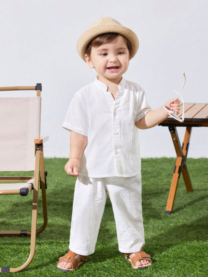Baby Boy/Girl 2Pcs White Summer Casual Vacation Set,Loose Stand Collar Plain Short Sleeve Shirt & Pants Outfit,Suitable For Spring,Autumn Outings