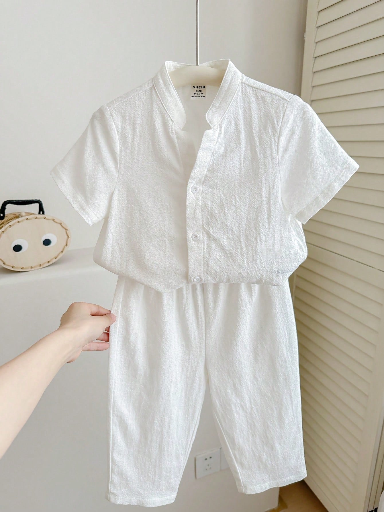 Baby Boy/Girl 2Pcs White Summer Casual Vacation Set,Loose Stand Collar Plain Short Sleeve Shirt & Pants Outfit,Suitable For Spring,Autumn Outings