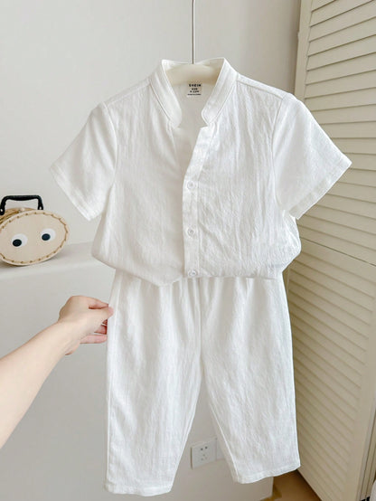 Baby Boy/Girl 2Pcs White Summer Casual Vacation Set,Loose Stand Collar Plain Short Sleeve Shirt & Pants Outfit,Suitable For Spring,Autumn Outings