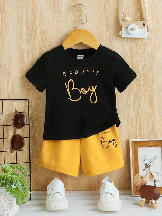 Baby Boy Letter Print T-Shirt And Shorts Casual Minimalist Set, Suitable For Summer