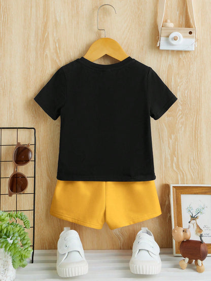 Baby Boy Letter Print T-Shirt And Shorts Casual Minimalist Set, Suitable For Summer