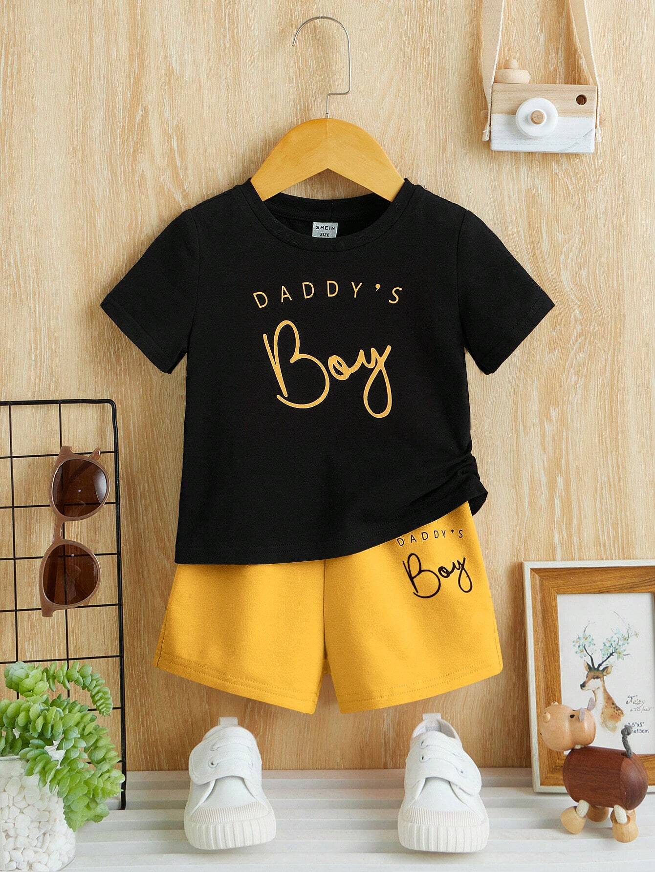 Baby Boy Letter Print T-Shirt And Shorts Casual Minimalist Set, Suitable For Summer