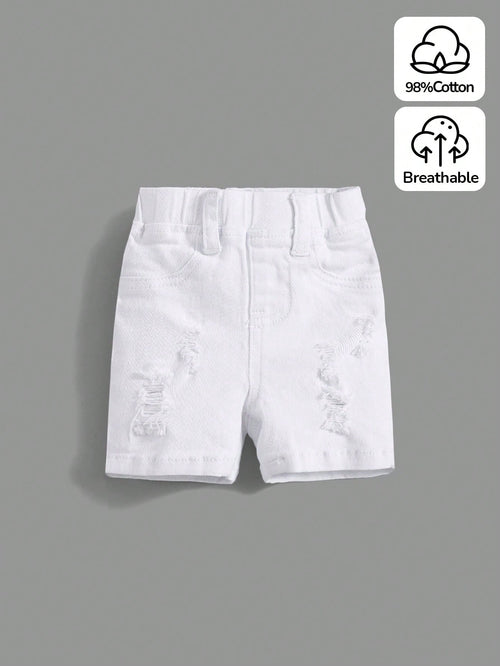 Baby Boy Ripped Frayed Pocket Patched White Denim Shorts,For Spring And Summer