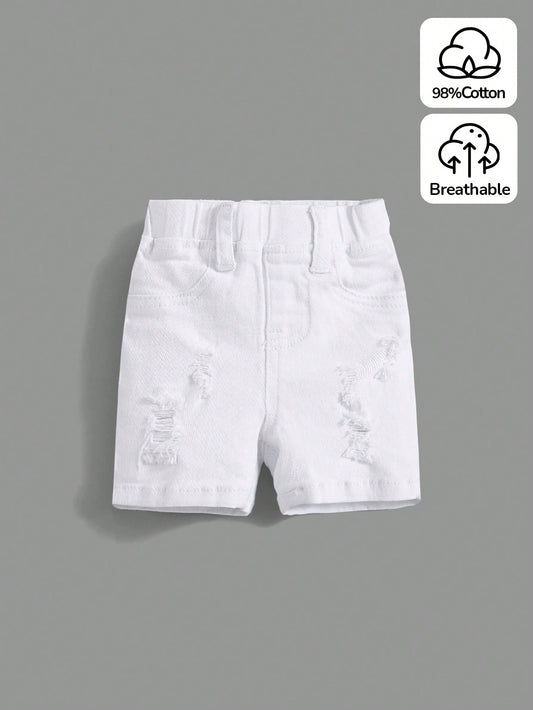 Baby Boy Ripped Frayed Pocket Patched White Denim Shorts,For Spring And Summer