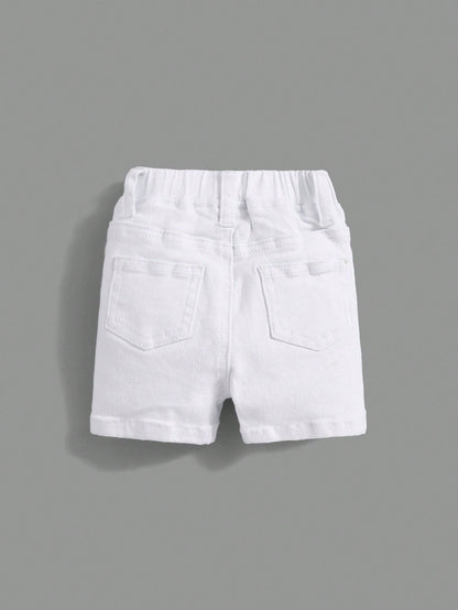 Baby Boy Ripped Frayed Pocket Patched White Denim Shorts,For Spring And Summer