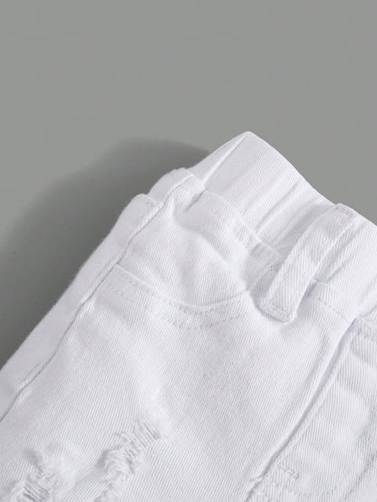 Baby Boy Ripped Frayed Pocket Patched White Denim Shorts,For Spring And Summer