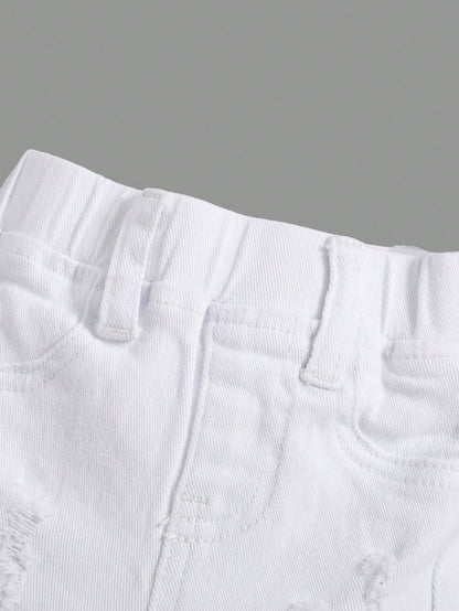 Baby Boy Ripped Frayed Pocket Patched White Denim Shorts,For Spring And Summer