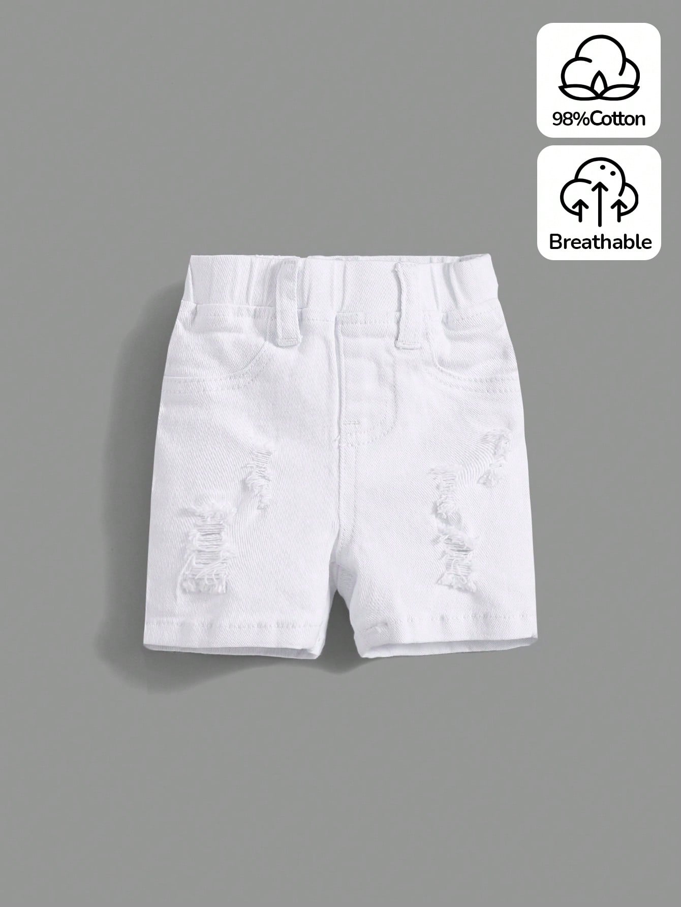 Baby Boy Ripped Frayed Pocket Patched White Denim Shorts,For Spring And Summer