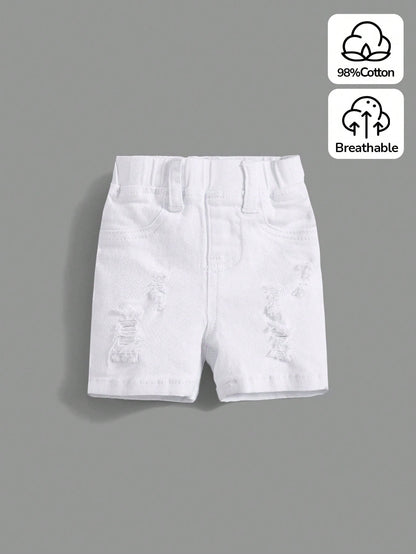 Baby Boy Ripped Frayed Pocket Patched White Denim Shorts,For Spring And Summer