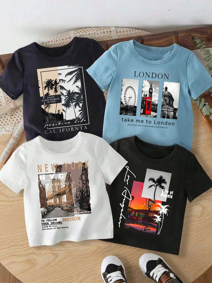 Baby Boy Round Neck Letter & Landscape Print Casual Versatile Daily Wear Short Sleeve Top
