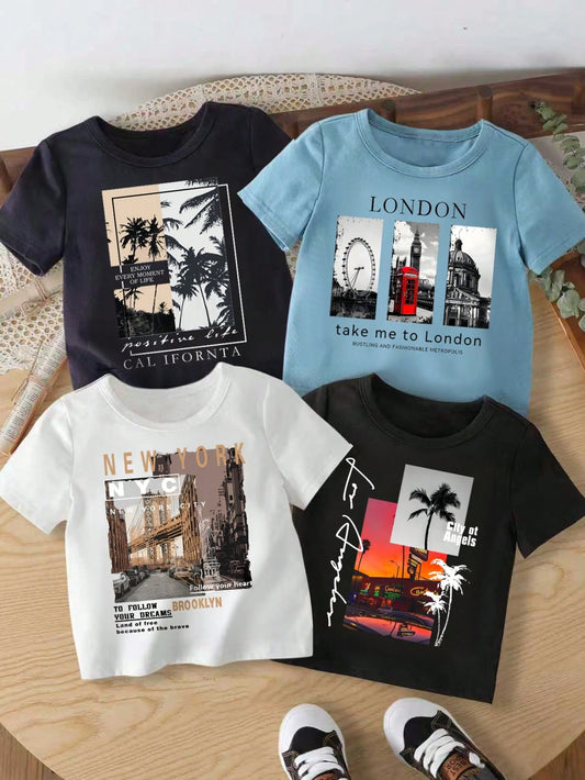 Baby Boy Round Neck Letter & Landscape Print Casual Versatile Daily Wear Short Sleeve Top