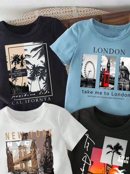 Baby Boy Round Neck Letter & Landscape Print Casual Versatile Daily Wear Short Sleeve Top