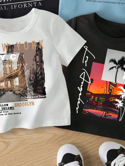 Baby Boy Round Neck Letter & Landscape Print Casual Versatile Daily Wear Short Sleeve Top