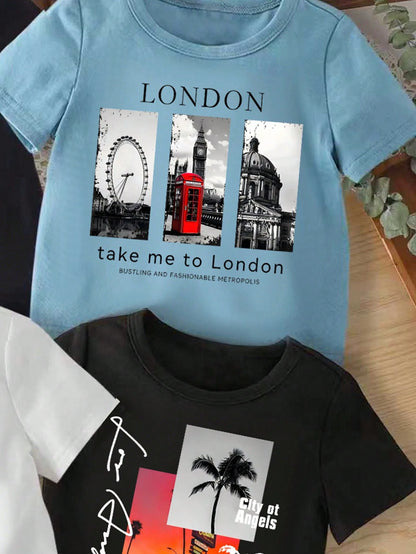 Baby Boy Round Neck Letter & Landscape Print Casual Versatile Daily Wear Short Sleeve Top