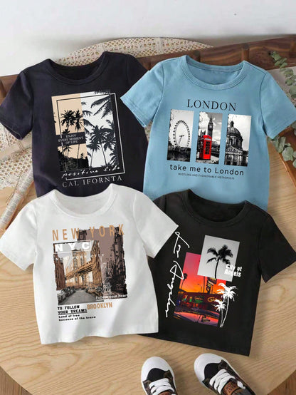 Baby Boy Round Neck Letter & Landscape Print Casual Versatile Daily Wear Short Sleeve Top