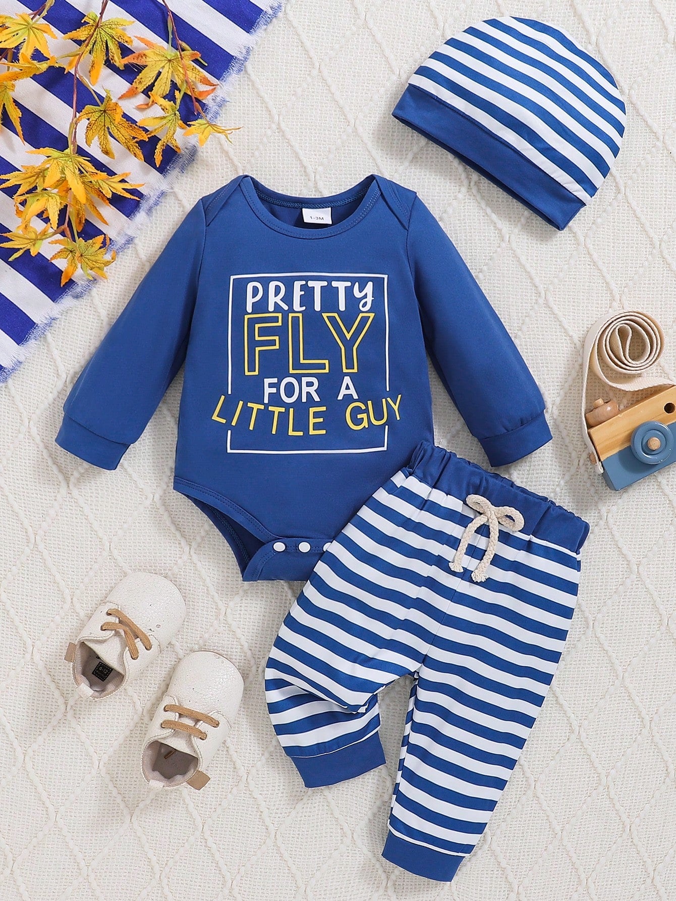 Baby Boy's Long Sleeve Letter Print Sweater, Striped Pants And Beanie 3pcs Outfit, Fall/Winter