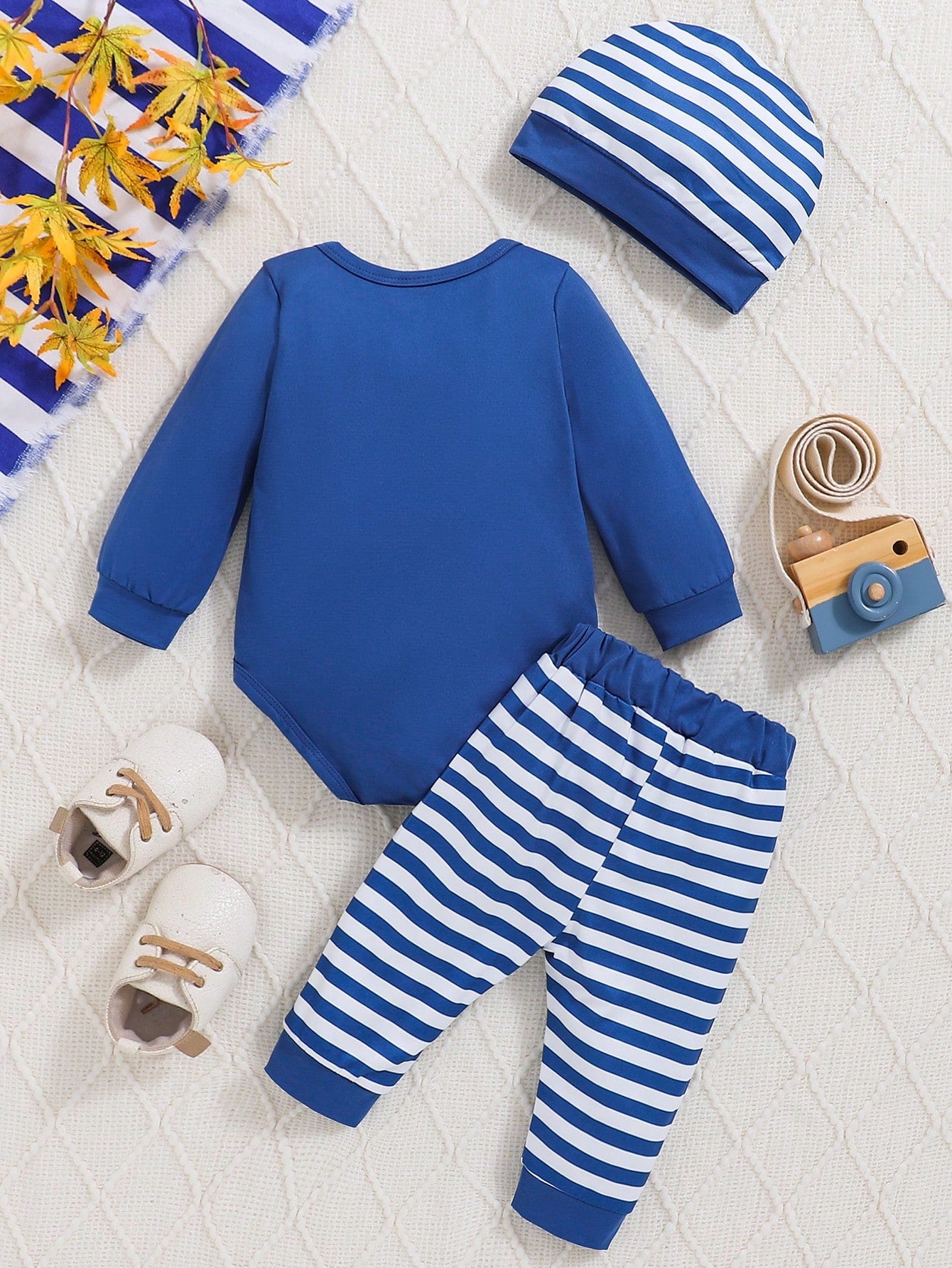Baby Boy's Long Sleeve Letter Print Sweater, Striped Pants And Beanie 3pcs Outfit, Fall/Winter