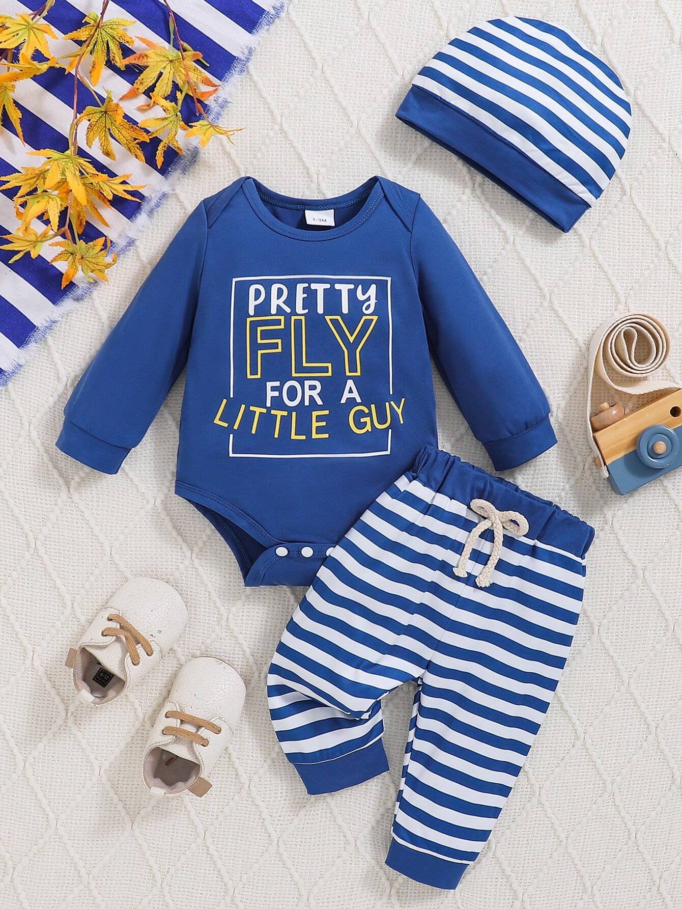 Baby Boy's Long Sleeve Letter Print Sweater, Striped Pants And Beanie 3pcs Outfit, Fall/Winter