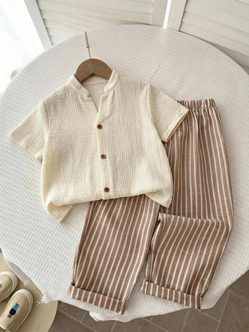 Baby Boy, Toddler 2pcs Spring/Summer Casual Vacation Style V-Neck Shirt Set, Baby Summer Clothes/Outfit Set, Fall Clothes/Outfit Sets,Back To School