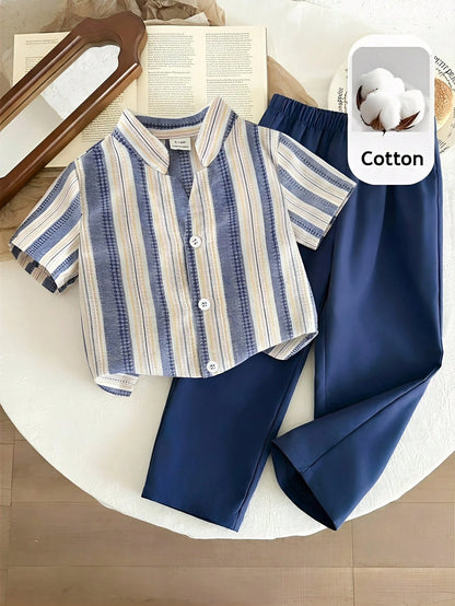 Baby Boy, Toddler 2pcs Spring/Summer Casual Vacation Style V-Neck Shirt Set, Baby Summer Clothes/Outfit Set, Fall Clothes/Outfit Sets,Back To School