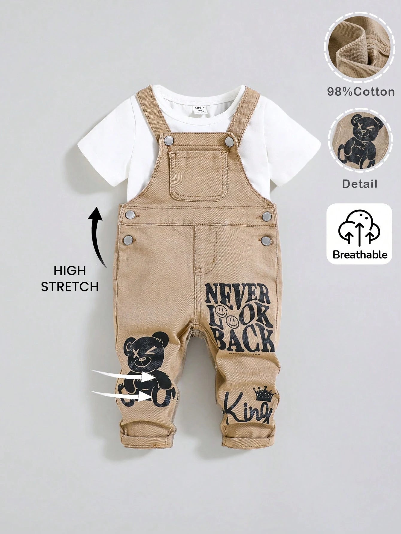Baby Boys' Casual Cute Bear And Letter Pattern High Elasticity Skinny Denim Overalls Jumpsuit,Casual And Versatile For Baby Baby Spring/Summer Clothes Spring Break Outfit Streetwear Outfits
