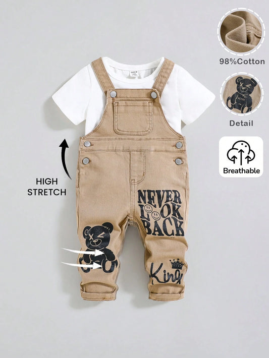 Baby Boys' Casual Cute Bear And Letter Pattern High Elasticity Skinny Denim Overalls Jumpsuit,Casual And Versatile For Baby Baby Spring/Summer Clothes Spring Break Outfit Streetwear Outfits