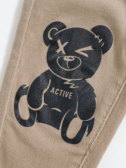 Baby Boys' Casual Cute Bear And Letter Pattern High Elasticity Skinny Denim Overalls Jumpsuit,Casual And Versatile For Baby Baby Spring/Summer Clothes Spring Break Outfit Streetwear Outfits