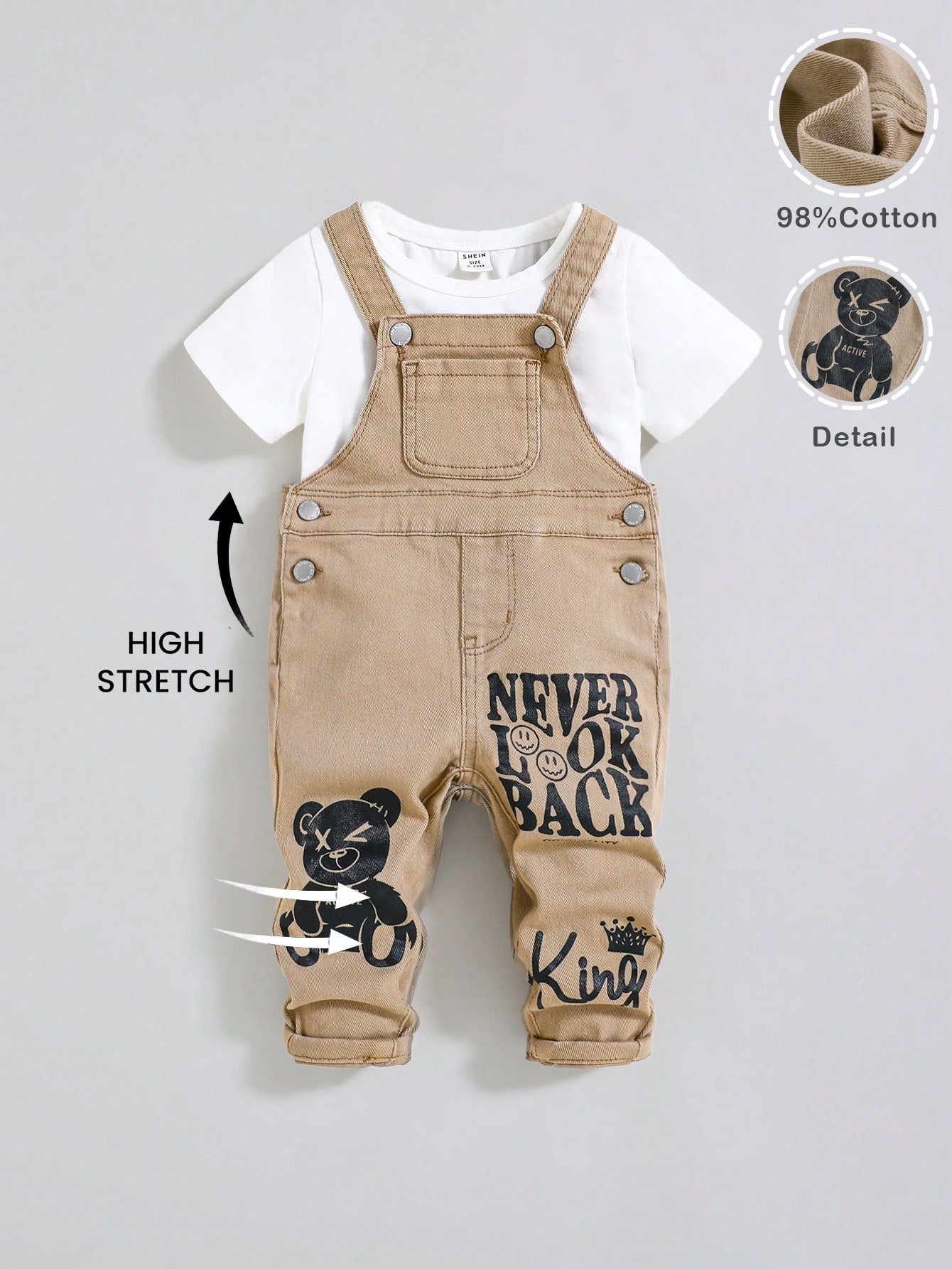 Baby Boys' Casual Cute Bear And Letter Pattern High Elasticity Skinny Denim Overalls Jumpsuit,Casual And Versatile For Baby Baby Spring/Summer Clothes Spring Break Outfit Streetwear Outfits
