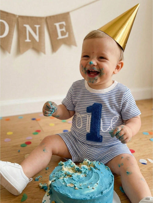 Baby Boys First Birthday Outfits Adorable Number Embroidery Striped Short Sleeve Round Neck Tops And Shorts Set