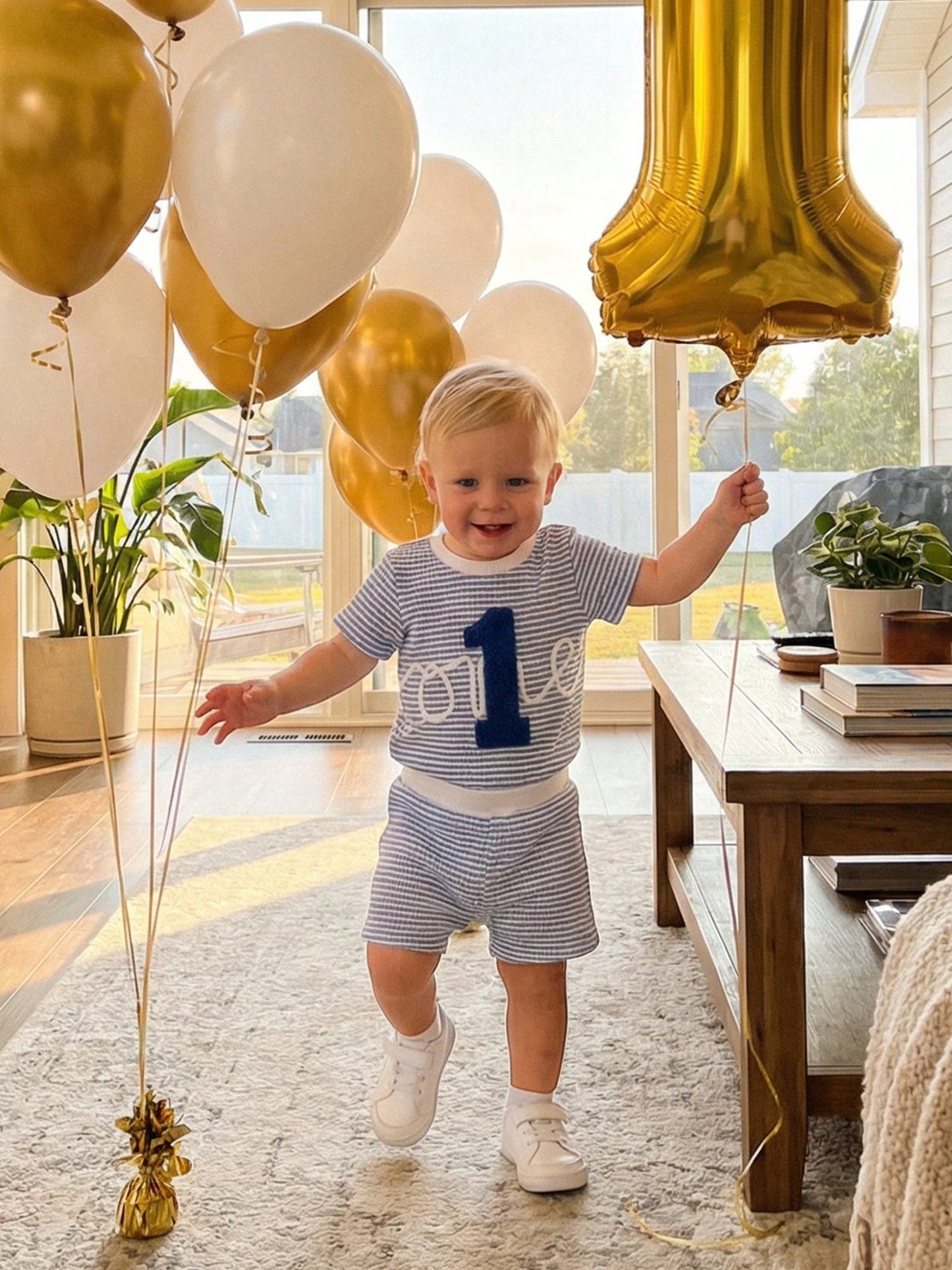Baby Boys First Birthday Outfits Adorable Number Embroidery Striped Short Sleeve Round Neck Tops And Shorts Set