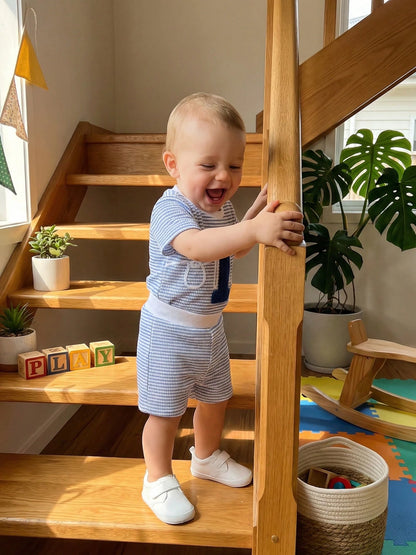 Baby Boys First Birthday Outfits Adorable Number Embroidery Striped Short Sleeve Round Neck Tops And Shorts Set