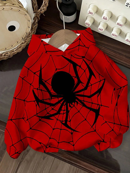 Baby Boys Red And Black Spider Cute Cartoon Hooded Pullover Sweatshirt,Autumn Back-To-School Casual Soft Knit Loose Sports Style Top For Kids