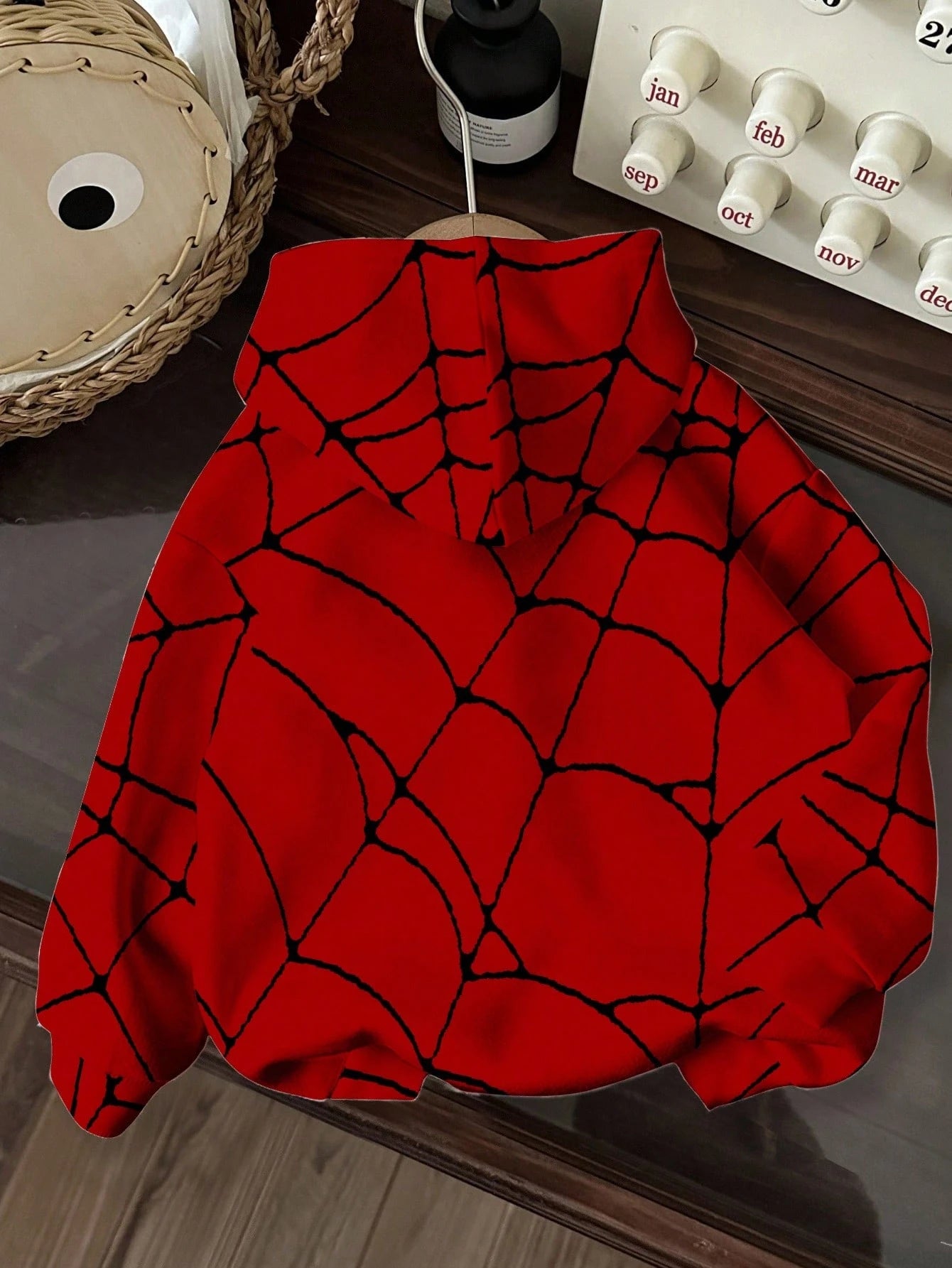 Baby Boys Red And Black Spider Cute Cartoon Hooded Pullover Sweatshirt,Autumn Back-To-School Casual Soft Knit Loose Sports Style Top For Kids