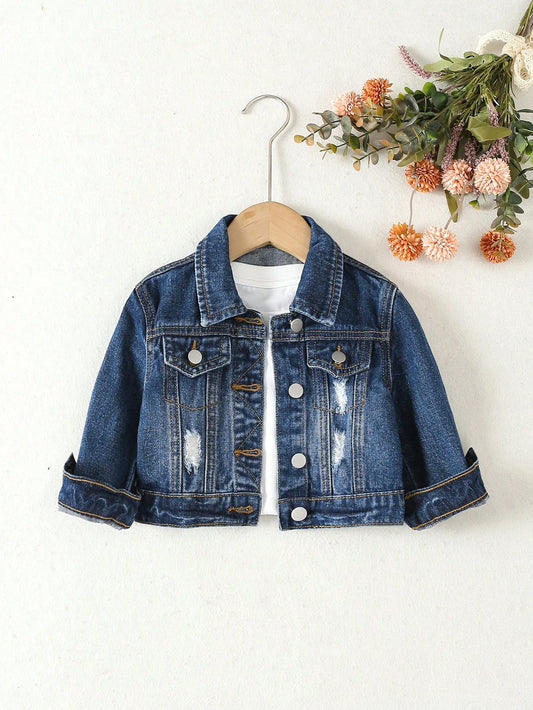 Baby Girl 1pc Ripped Flap Pocket Denim Jacket