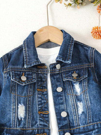 Baby Girl 1pc Ripped Flap Pocket Denim Jacket