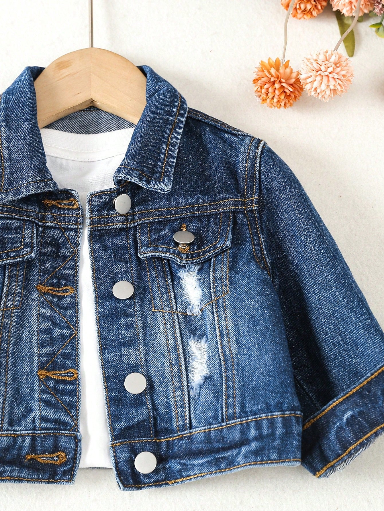 Baby Girl 1pc Ripped Flap Pocket Denim Jacket