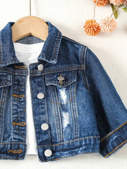 Baby Girl 1pc Ripped Flap Pocket Denim Jacket