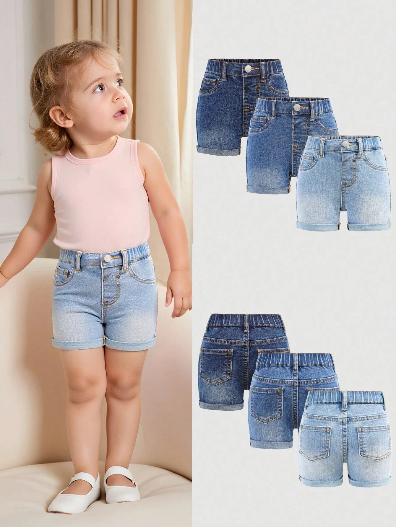 Baby Girl 2025 New 3pcs Baby Girl Dark Blue, Navy, Light Blue Denim Stretchy Skinny Shorts Set, Kid Girls Spring And Summer Casual Vacation Country Boho Wear, Beach For Kid Girls, Western Street
