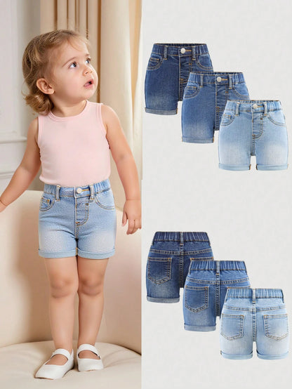 Baby Girl 2025 New 3pcs Baby Girl Dark Blue, Navy, Light Blue Denim Stretchy Skinny Shorts Set, Kid Girls Spring And Summer Casual Vacation Country Boho Wear, Beach For Kid Girls, Western Street