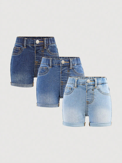 Baby Girl 2025 New 3pcs Baby Girl Dark Blue, Navy, Light Blue Denim Stretchy Skinny Shorts Set, Kid Girls Spring And Summer Casual Vacation Country Boho Wear, Beach For Kid Girls, Western Street