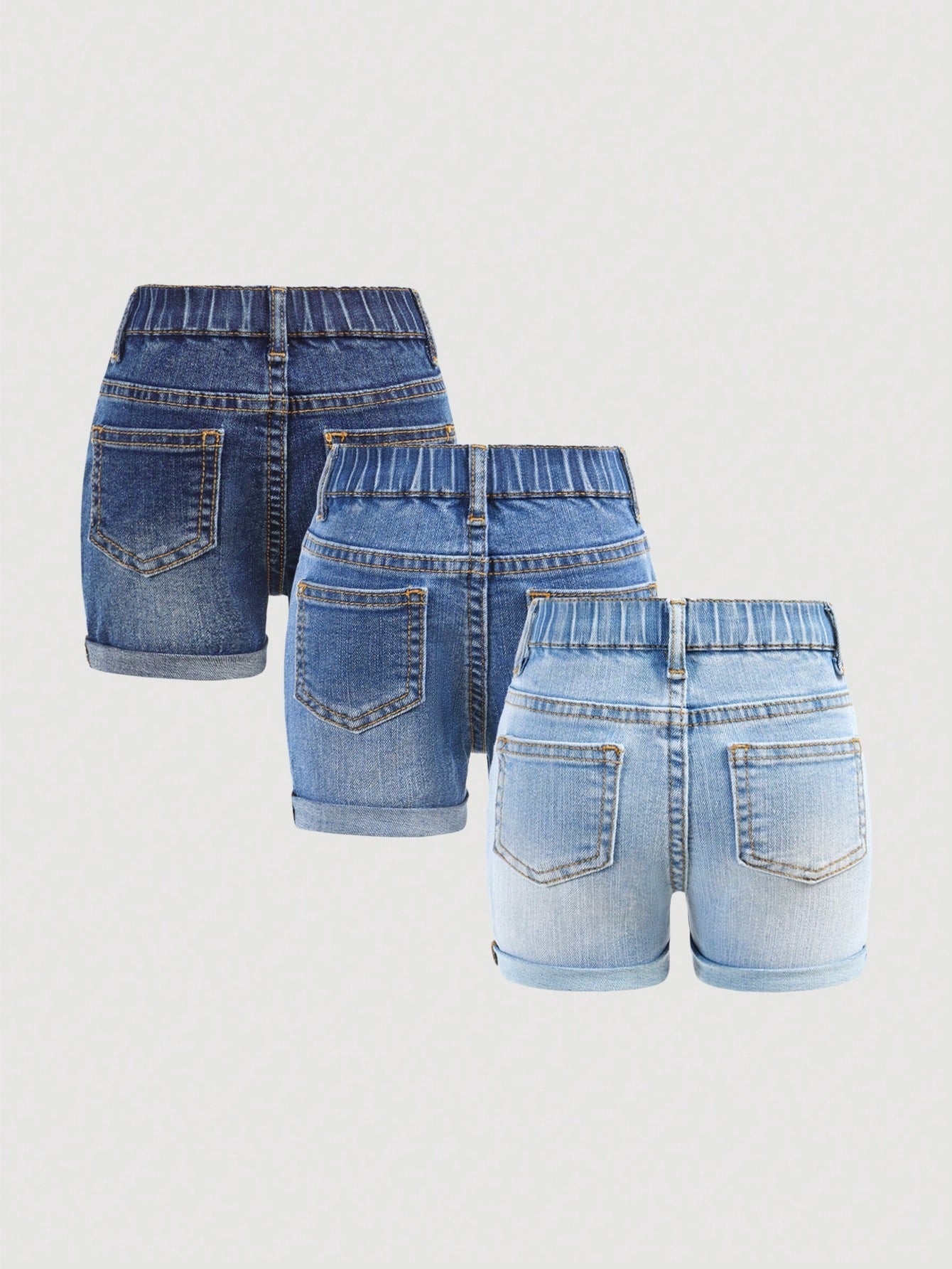 Baby Girl 2025 New 3pcs Baby Girl Dark Blue, Navy, Light Blue Denim Stretchy Skinny Shorts Set, Kid Girls Spring And Summer Casual Vacation Country Boho Wear, Beach For Kid Girls, Western Street