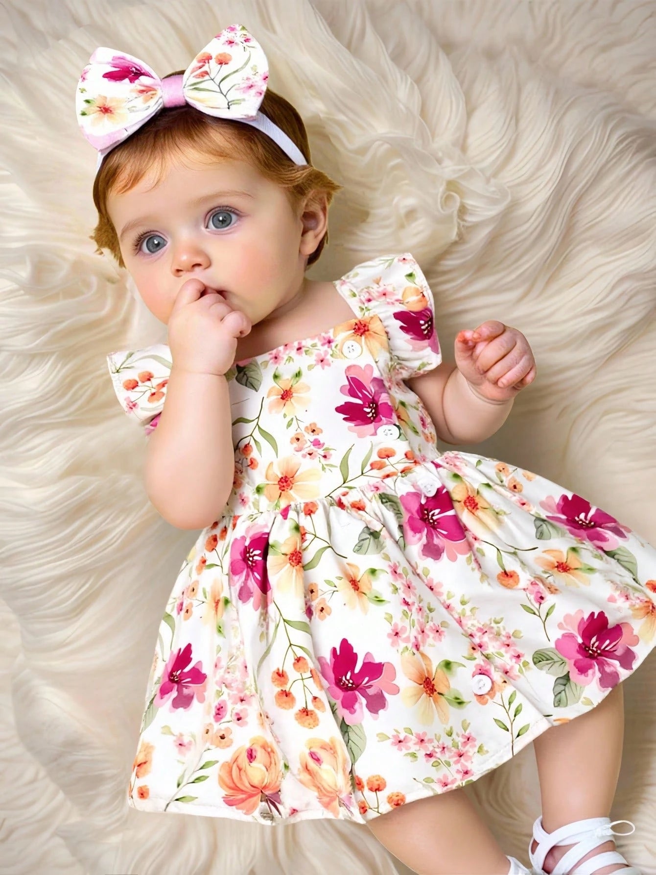 Baby Girl 2pcs/Set Summer Dress With Cap Sleeves, Spaghetti Straps, Lovely Watercolor Floral Print And Hairband