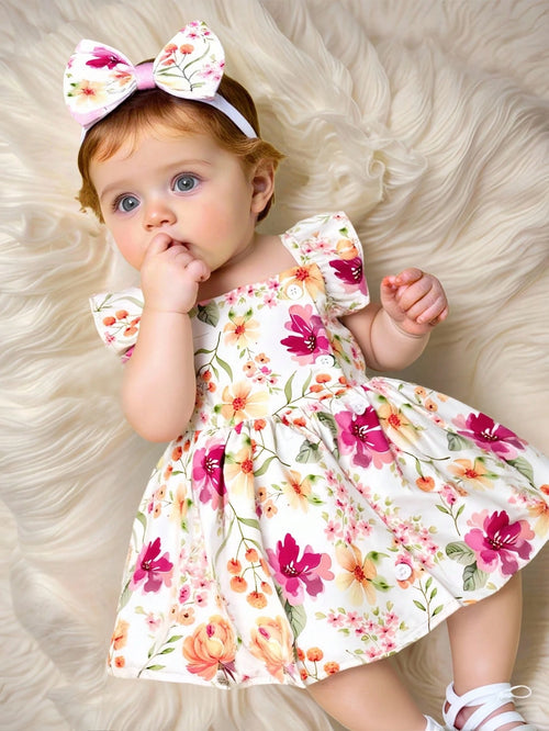 Baby Girl 2pcs/Set Summer Dress With Cap Sleeves, Spaghetti Straps, Lovely Watercolor Floral Print And Hairband