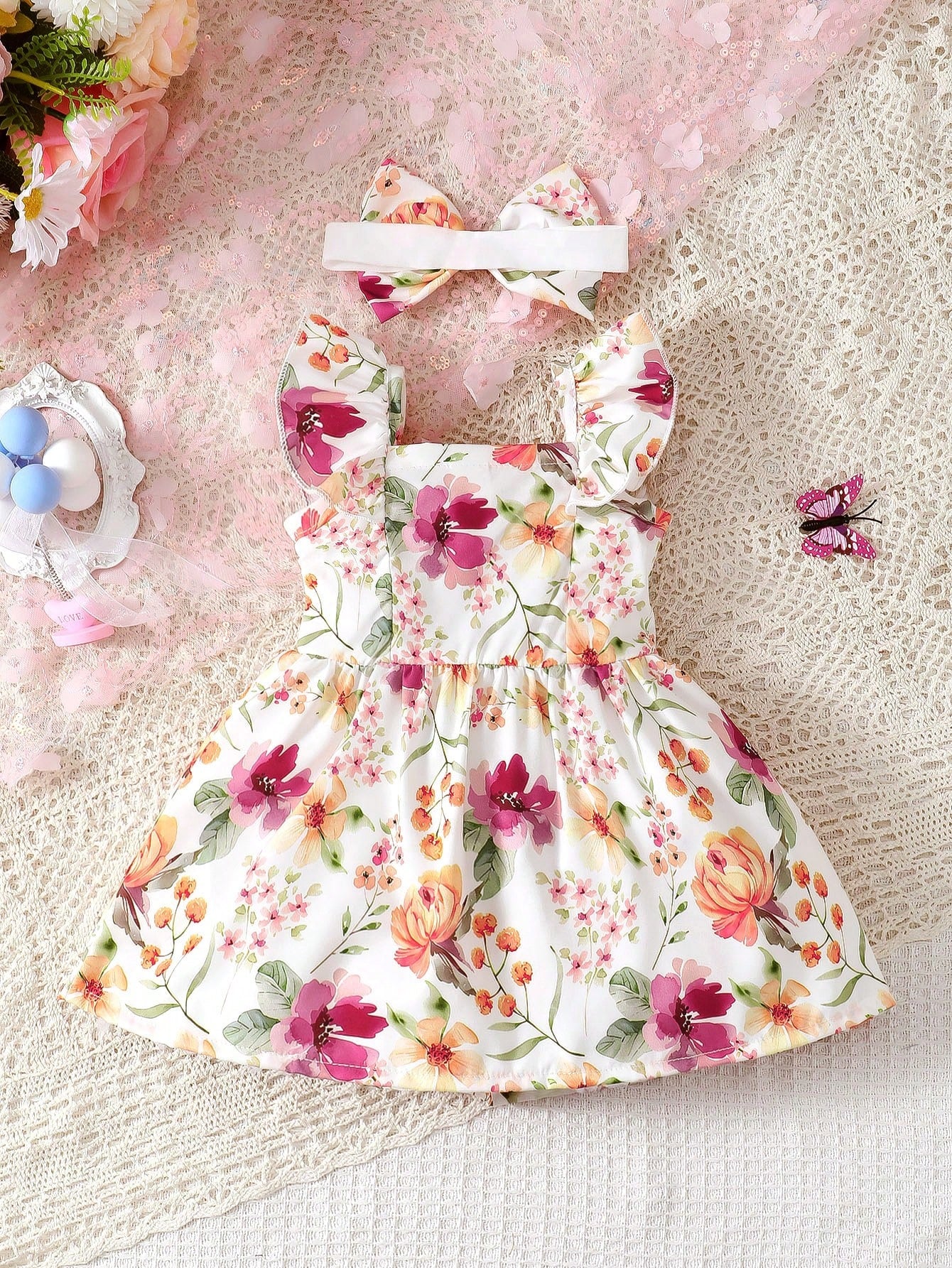 Baby Girl 2pcs/Set Summer Dress With Cap Sleeves, Spaghetti Straps, Lovely Watercolor Floral Print And Hairband