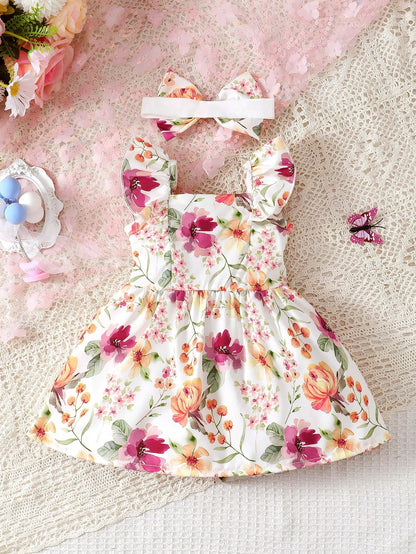 Baby Girl 2pcs/Set Summer Dress With Cap Sleeves, Spaghetti Straps, Lovely Watercolor Floral Print And Hairband