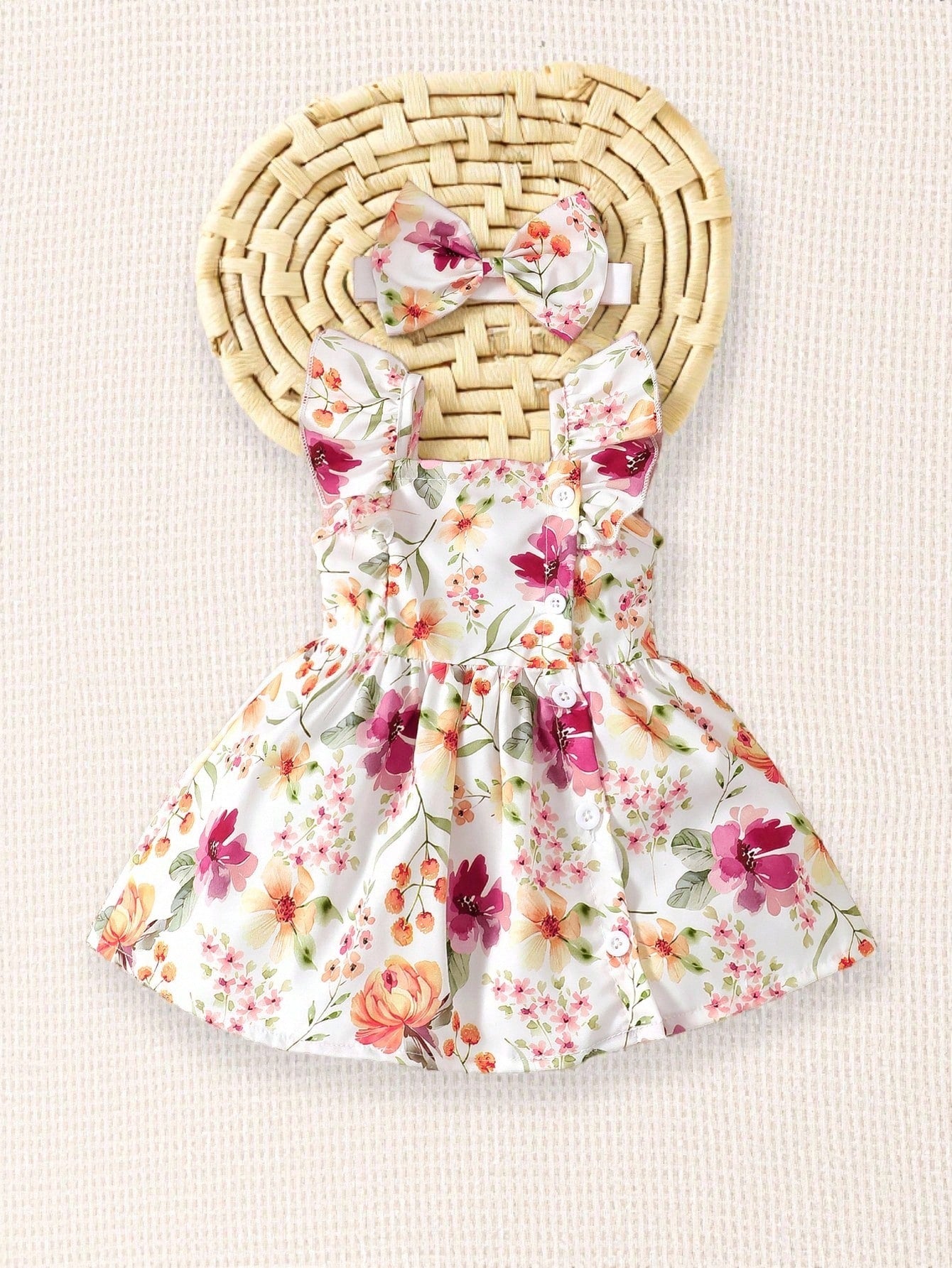 Baby Girl 2pcs/Set Summer Dress With Cap Sleeves, Spaghetti Straps, Lovely Watercolor Floral Print And Hairband