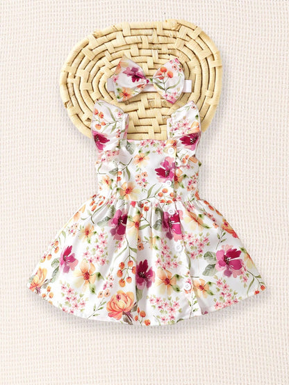 Baby Girl 2pcs/Set Summer Dress With Cap Sleeves, Spaghetti Straps, Lovely Watercolor Floral Print And Hairband